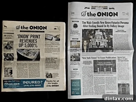 A physical copy of 'The Onion' newspaper, featuring its distinctive satirical headlines and design, promising humor and sharp wit.