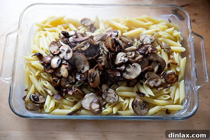 A 9x13-inch baking dish containing a mixture of par-boiled pasta and richly sautéed mushrooms, forming the base of the tetrazzini.
