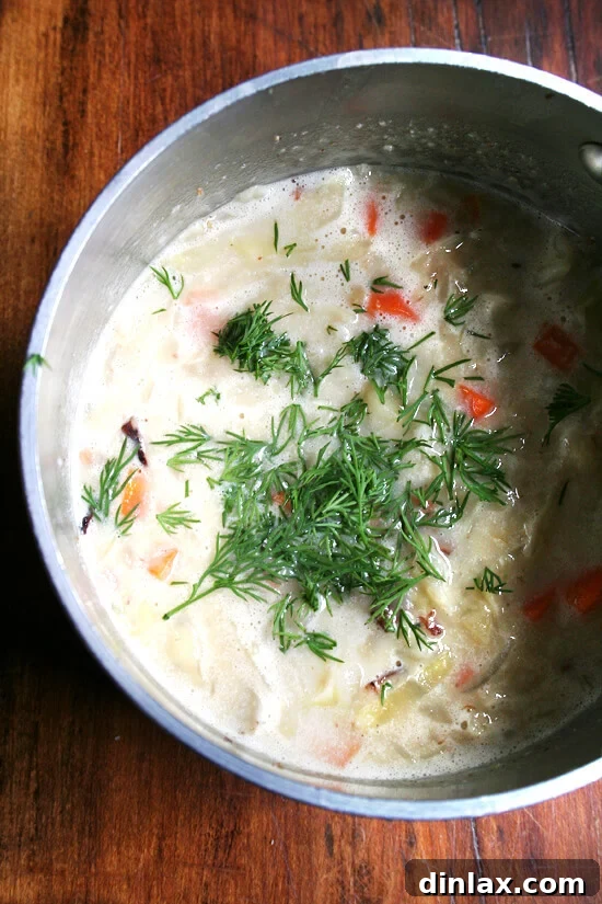 Paul Steindler's Cabbage Soup and Peasant Bread: A Hearty Duo 9 Fresh dill being stirred into the simmering Paul Steindler's Cabbage Soup, enhancing its vibrant flavor.