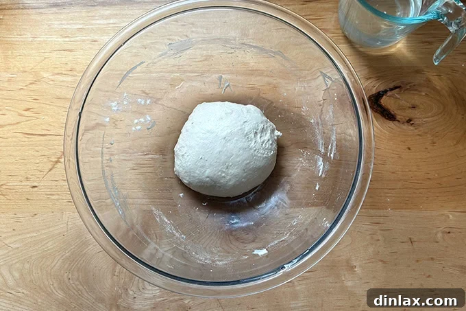 Stretched and folded overnight sandwich roll dough in a large glass bowl.