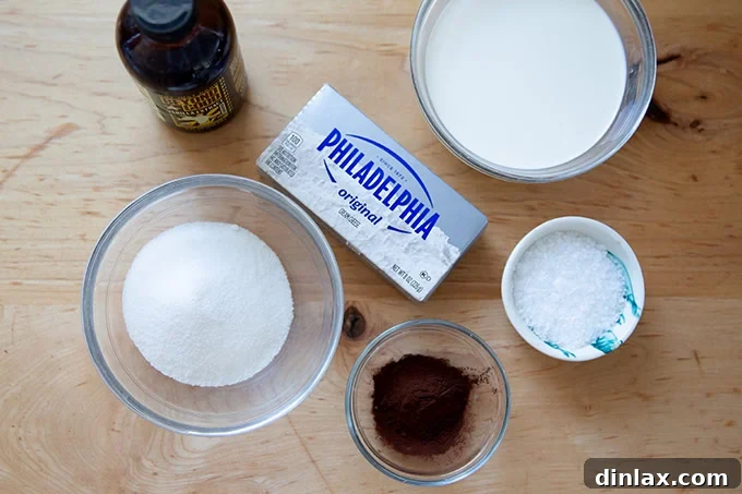 The organized ingredients laid out to make chocolate whipped cream cheese frosting: cold cream cheese, heavy cream, sugar, flaky sea salt, vanilla extract, and cocoa powder.