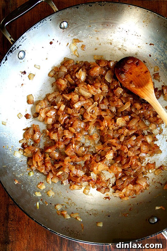 Authentic Sour Cream and Onion Dip 6 caramelized onions in a skillet