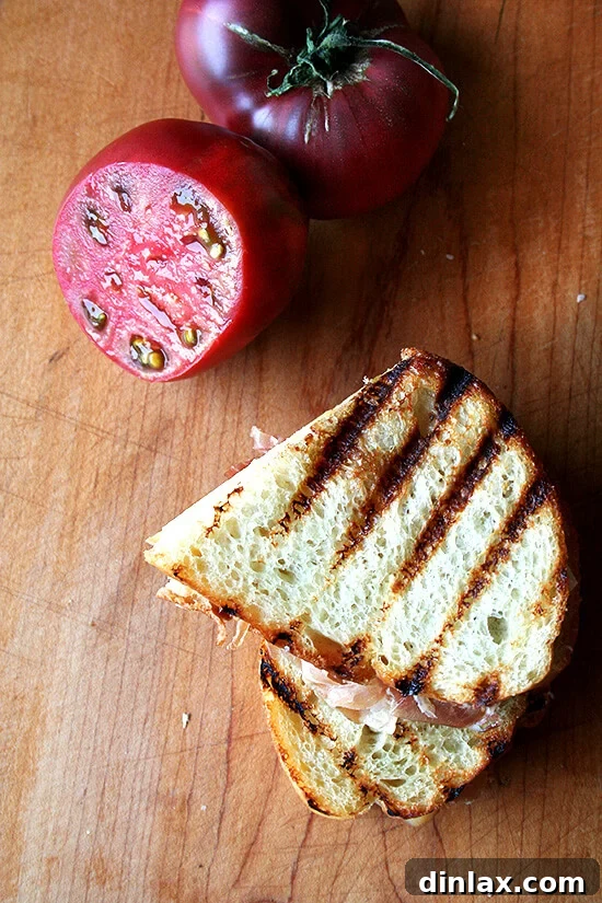 A close-up view of a freshly assembled Pan con Tomate sandwich before the top slice of bread is added, revealing layers of ham, tomato, and garlic-rubbed bread.