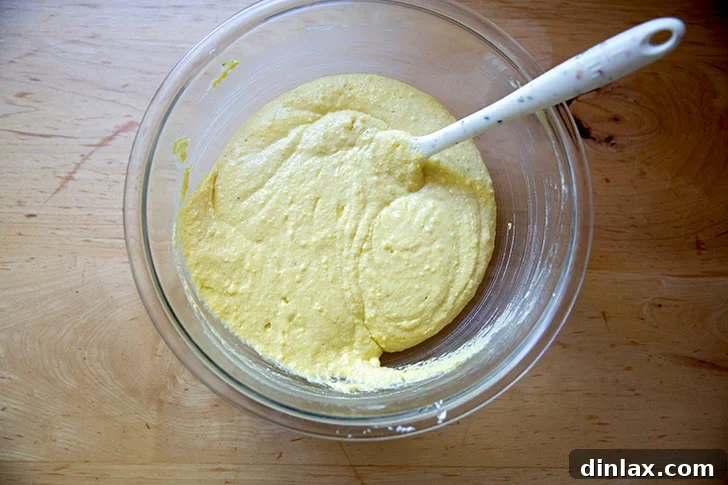 Cornbread batter, all mixed together, in a large bowl.