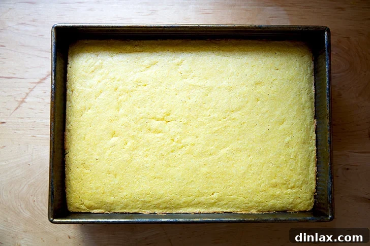 Just-baked cornbread in a 9x13-inch pan.