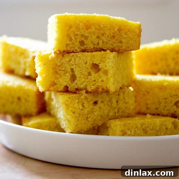 A stack of cornbread pieces on a platter.