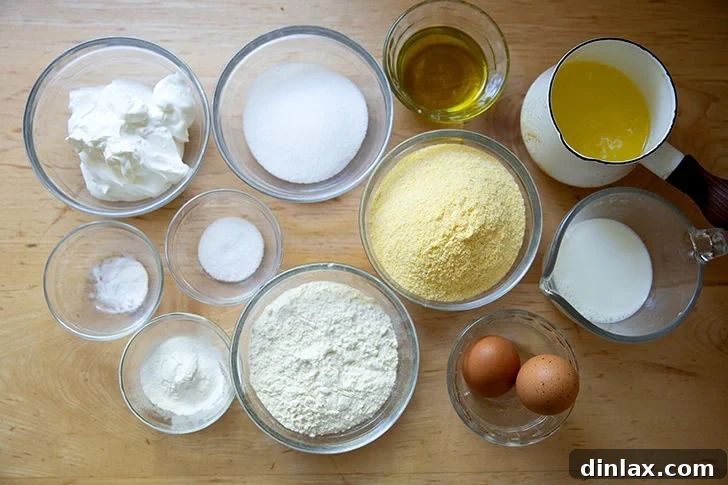 The ingredients to make cornbread all measured out on a countertop.